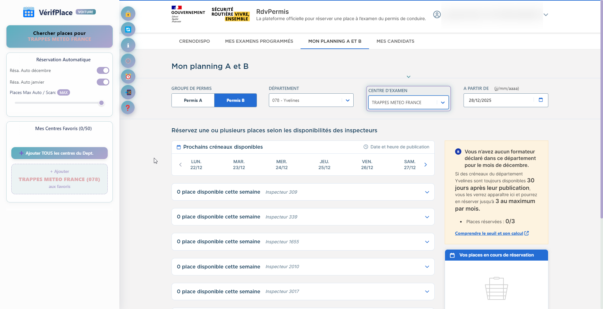 Interface complète de VérifPlace - Logiciel de réservation automatique de places d'examen permis pour auto-écoles