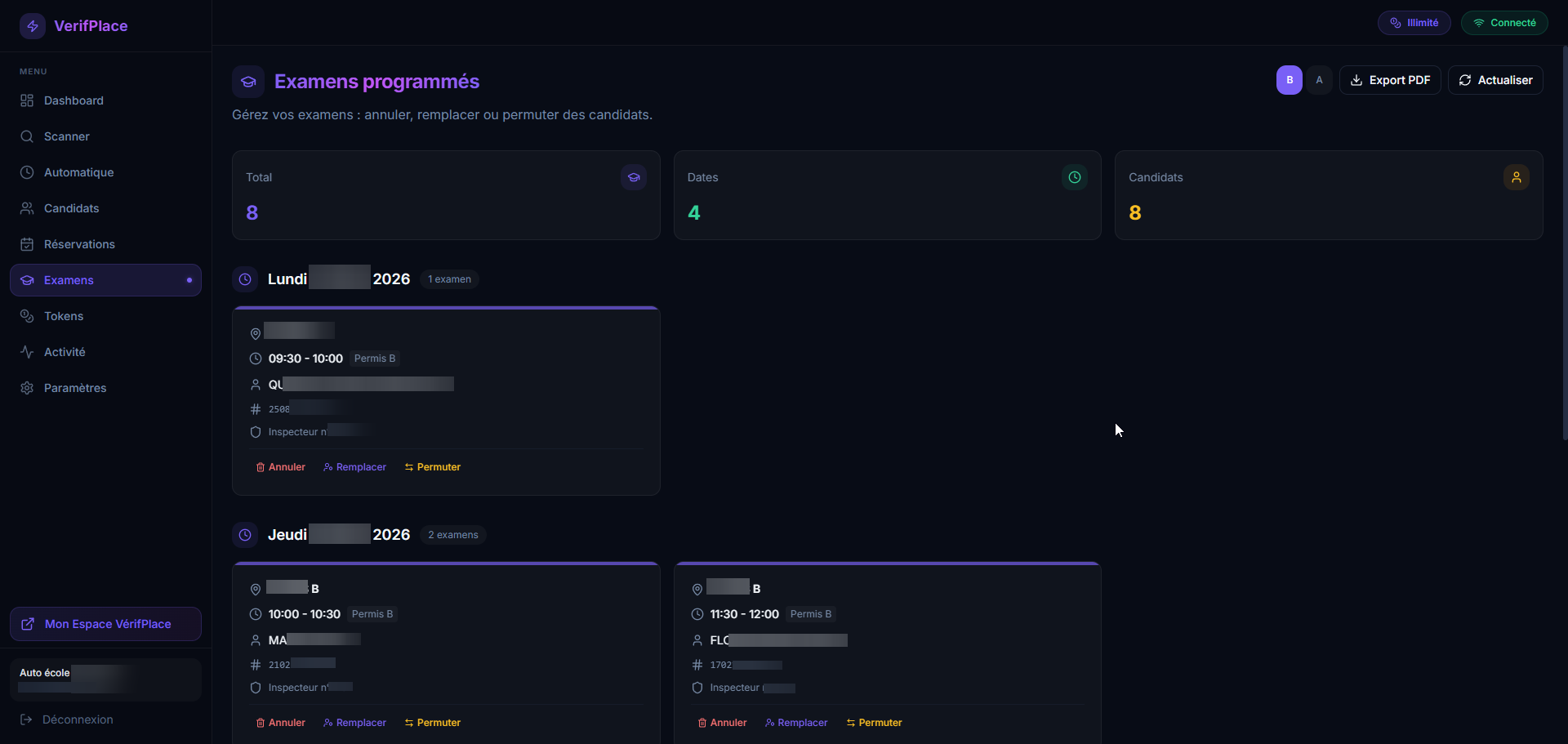 Examens programmés VérifPlace