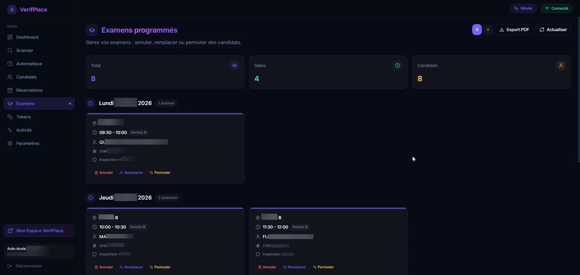 Examens programmés VérifPlace